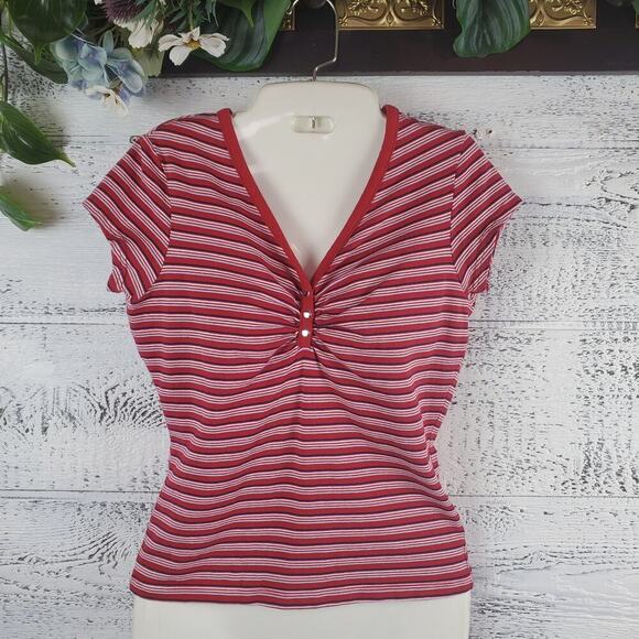 Red White Striped Cinched V-Neck Tee Shirt Women’s Sz 4-6 Y2K Fitted Mini Top - Picture 1 of 7